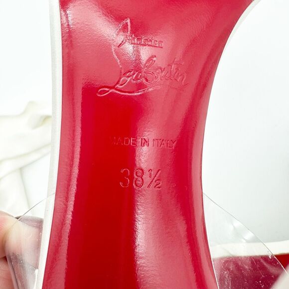 CHRISTIAN LOUBOUTIN Astrinodo Crystal Bow PVC White Sandal Size 38.5 Heel - Picture 13 of 16